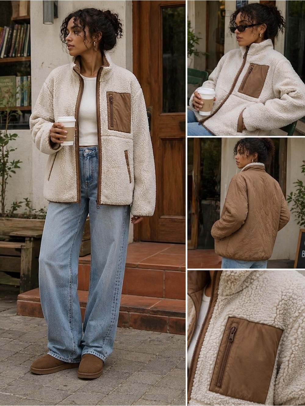 Gap reversible cozy Sherpa Fleece Jacket with Brown Accents